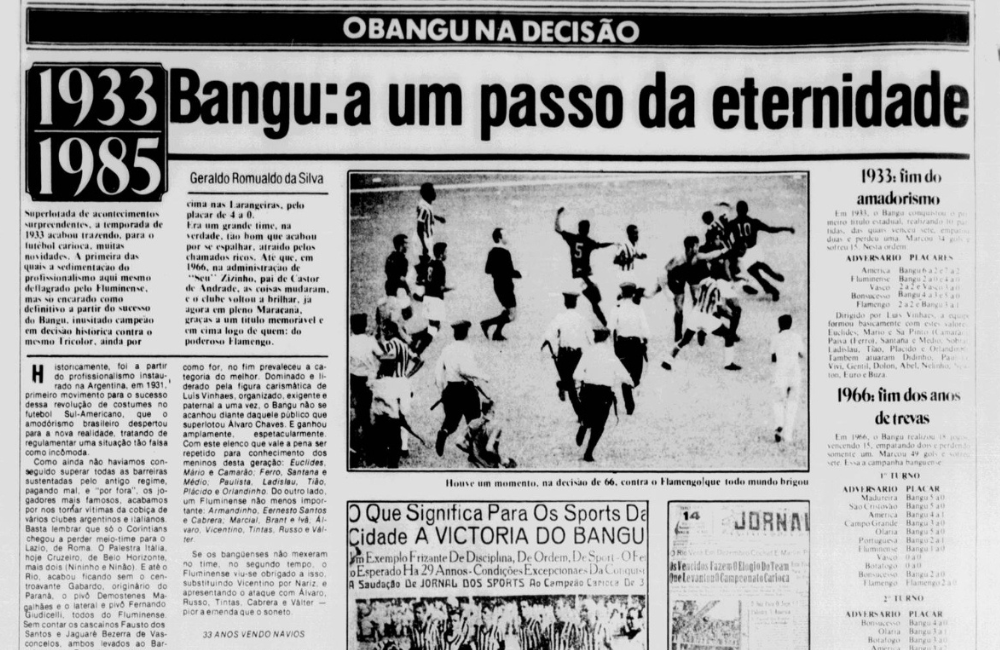 Final do Brasileirão de 1985 entre Bangu x Coritiba completa 40 anos; relembre Divulgação: JS