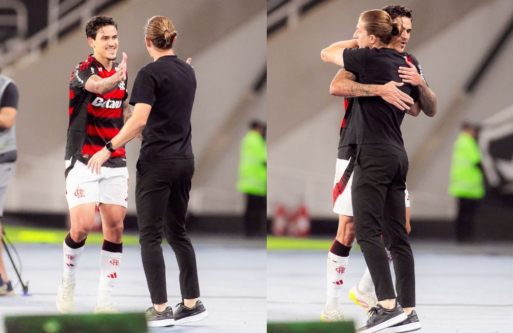 Filipe Luís abraça Pedro. Foto: Adriano Fontes/Flamengo