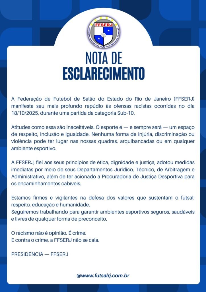 FFSERJ emite nota oficial após caso de racismo no jogo entre Vasco x Madureira no Campeonato Carioca sub-10
Foto: reprodução