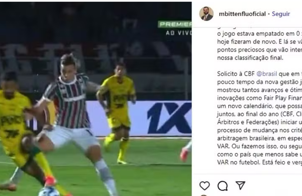 Após derrota do Fluminense, Mário Bittencourt emite nota criticando o VAR do futebol brasileiro Divulgação: Instagram