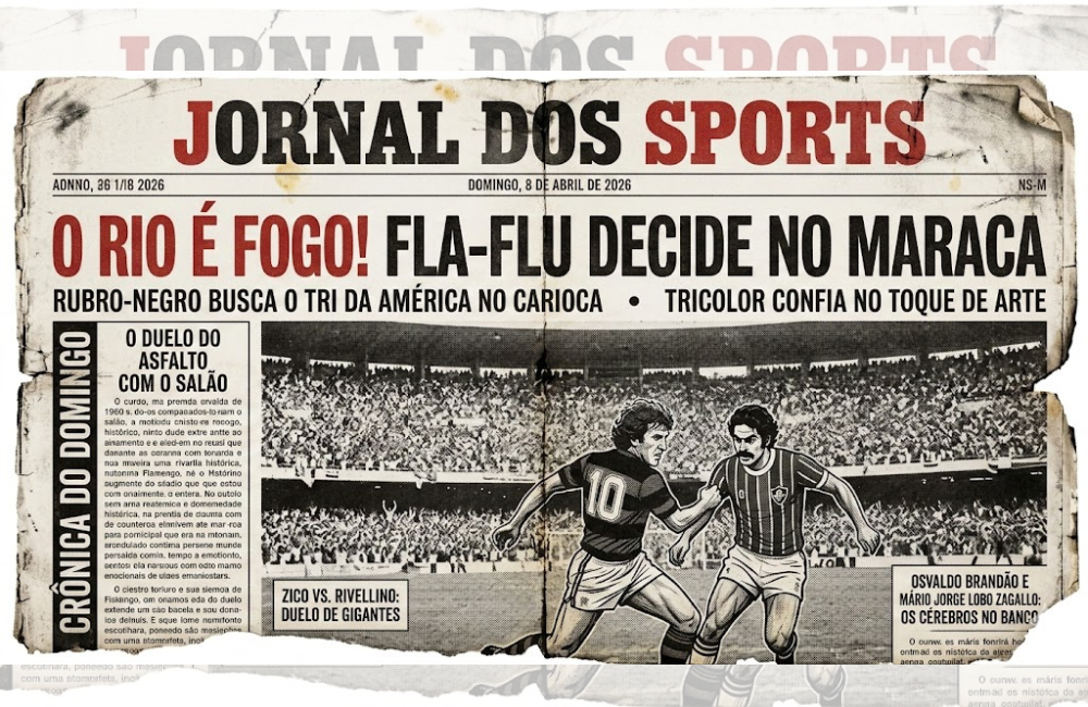 Capa fictícia do Jornal dos Sports sobre a final Flamengo e Fluminense com Zico e Rivellino