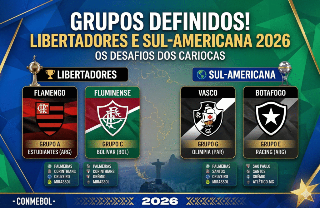 Tabela do sorteio dos grupos da Libertadores e Sul-Americana 2026 com destaque para clubes brasileiros