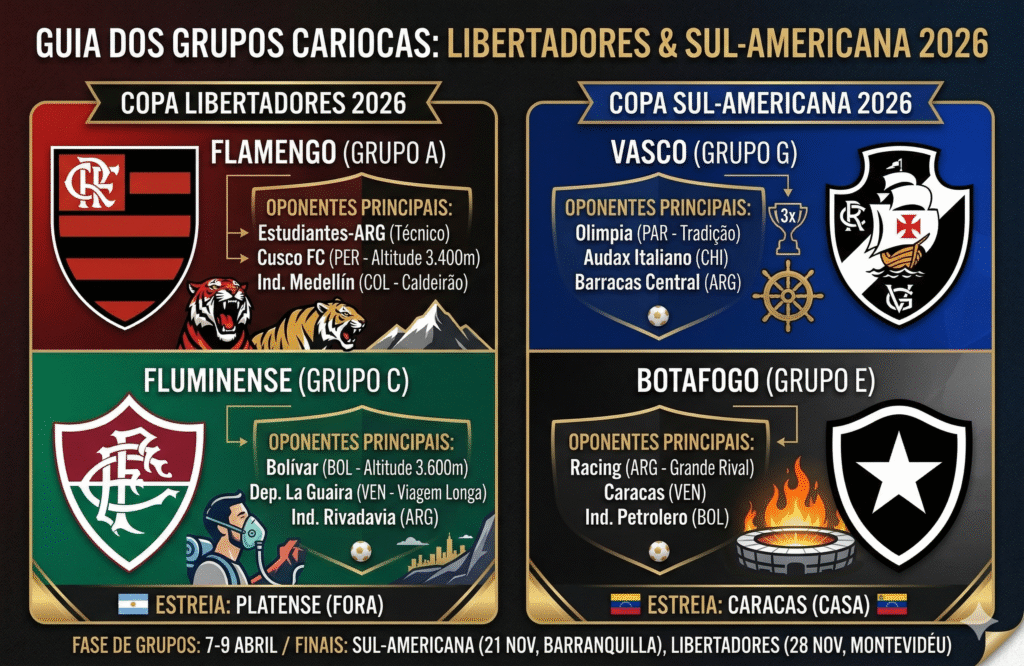 Tabela do sorteio dos grupos da Libertadores e Sul-Americana 2026 com destaque para clubes brasileiros