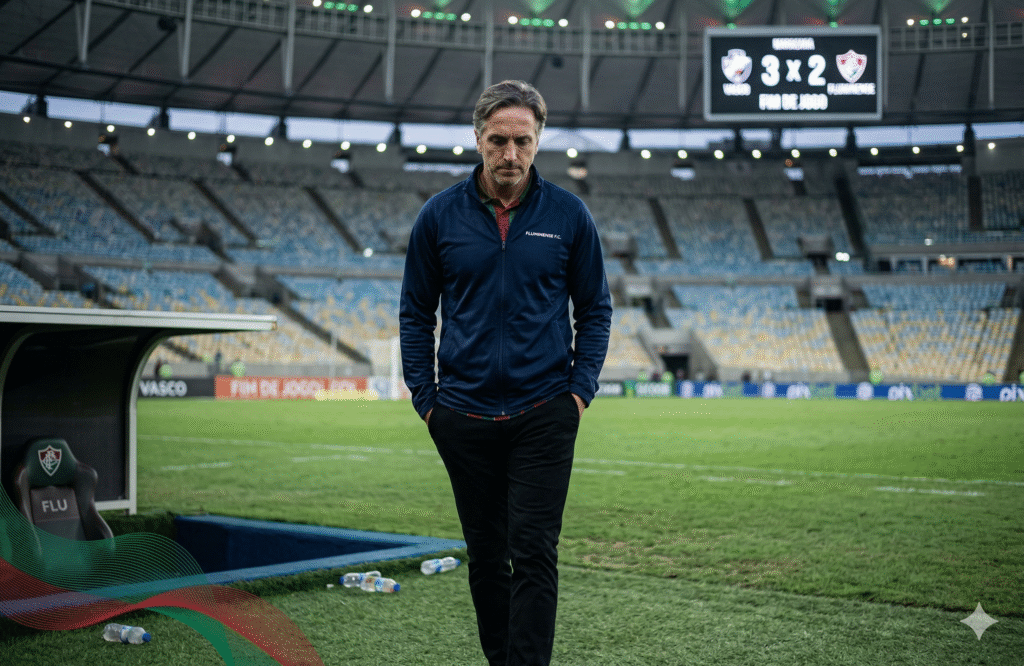 Técnico Luís Zubeldía gesticula decepcionado no gramado do Maracanã, após derrota do Fluminense por 3 a 2 para o Vasco. O placar eletrônico ao fundo confirma o resultado do clássico de 2026, evidenciando a crise defensiva tricolor