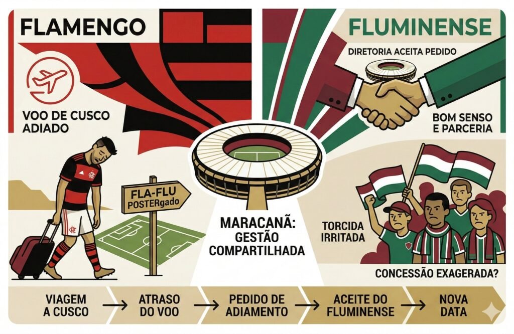 Ilustração sobre o adiamento do clássico Fla-Flu e a gestão do Maracanã