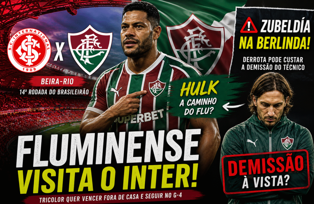 Arte de divulgação do jogo entre Internacional e Fluminense no Beira-Rio, com Hulk vestindo a camisa do Fluminense ao centro, destaque para possível contratação do atacante e pressão sobre o técnico Zubeldía, que aparece ao lado com indicação de possível demissão.