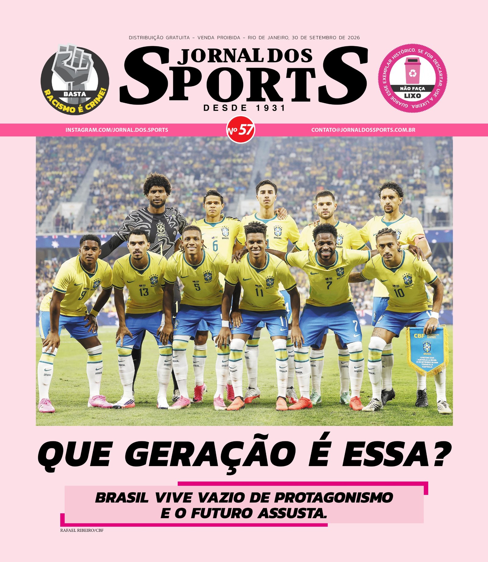 Capa do Jornal dos Sports de 30 de setembro de 2026 com a Seleção Brasileira e a manchete “Que geração é essa?”