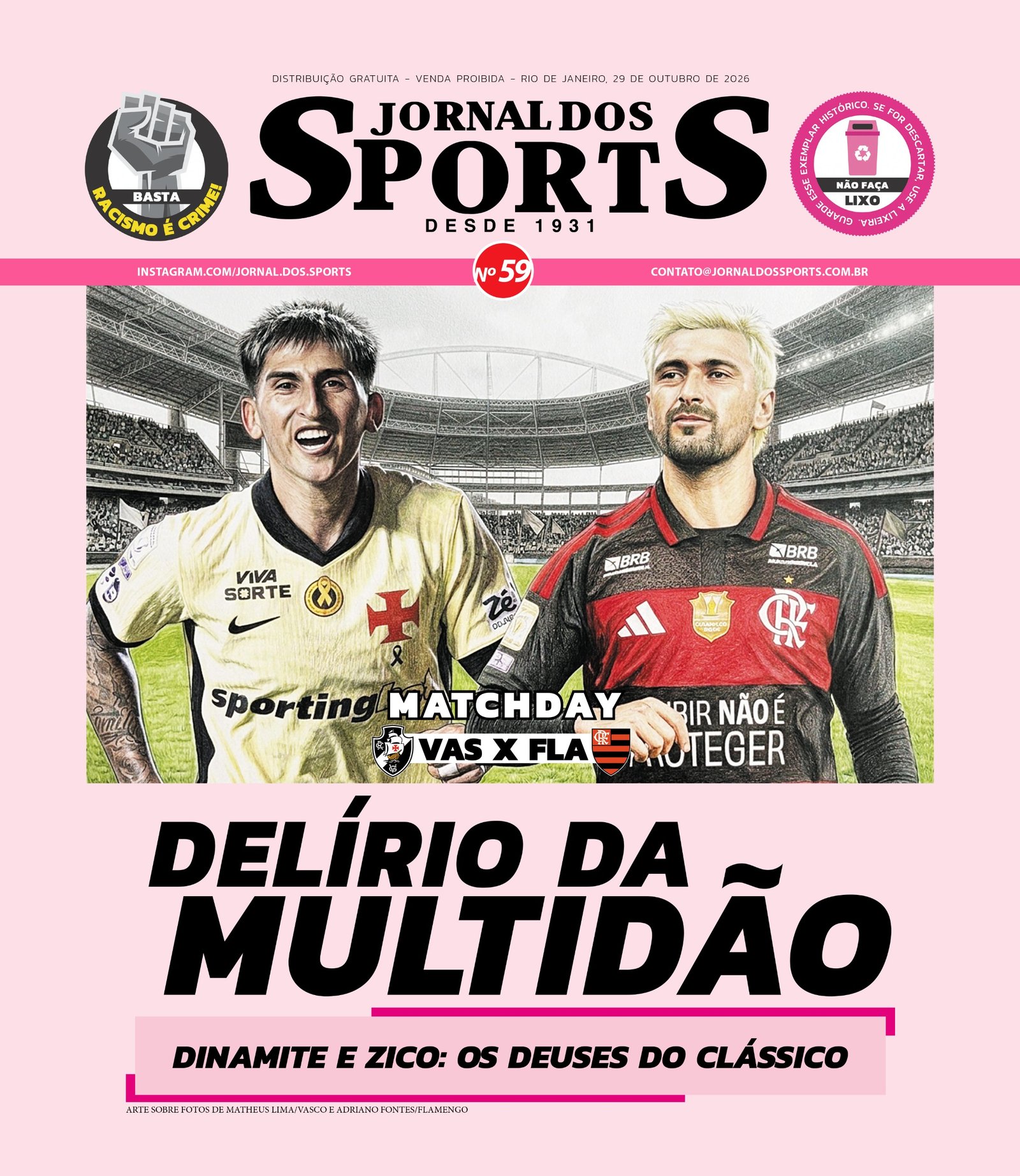 Capa do Jornal dos Sports de 29 de outubro de 2026, edição especial Vasco x Flamengo, com a manchete Delírio da Multidão.